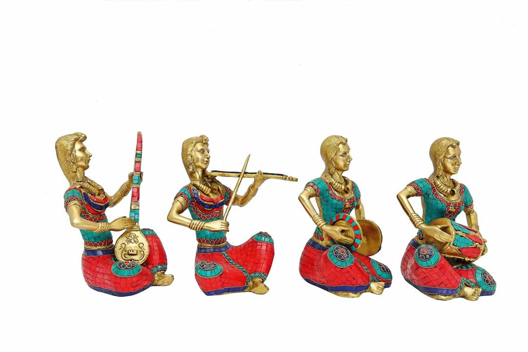 Brass Stone Work Lady Musicians (Set Of 4 )